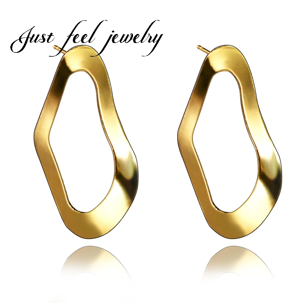 

JUST FEEL 2018 New Wavy Gold Silver Color Big Stud Earrings for Women Irregular Asymmetrical Geometrical Minimalist Earrings