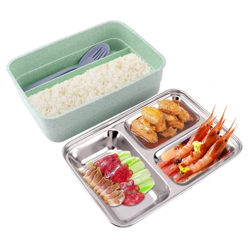 

New Japanese Wheat Straw Lunch Box Microwavable Leakproof 304 Stainless Steel Portable Food Container for School Office Picnic