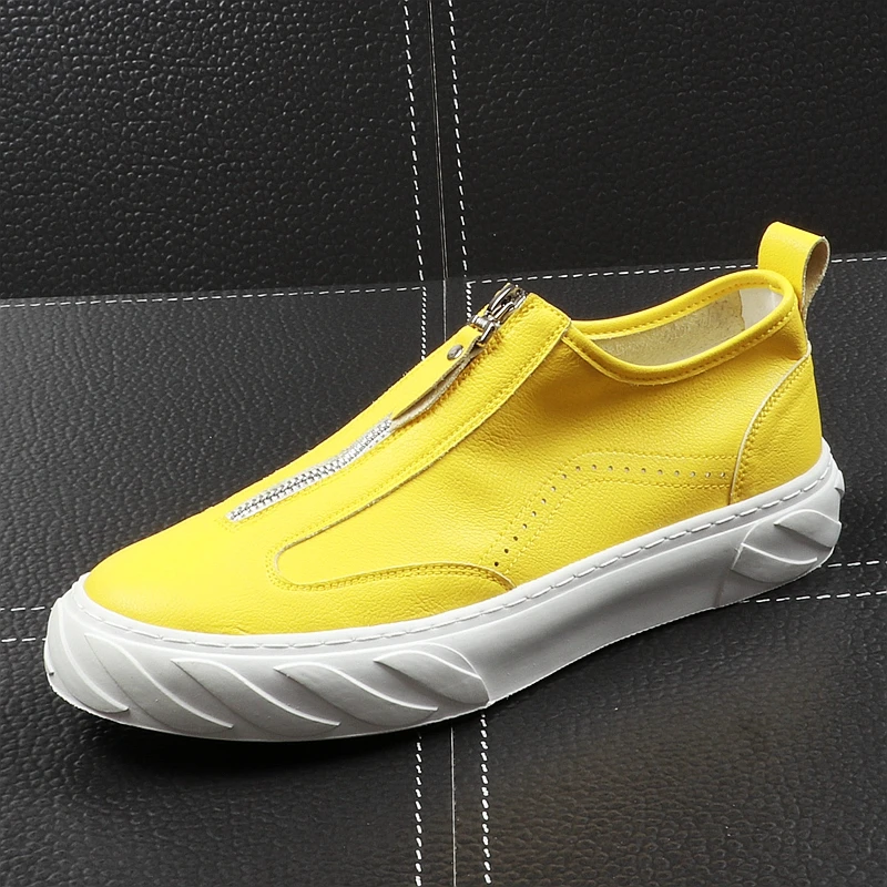 

CuddlyIIPanda Men Fashion Causal Shoes Summer Leather Front Zipper Breathable Luxury Brand Leisure Sneakers Male Yellow Shoes
