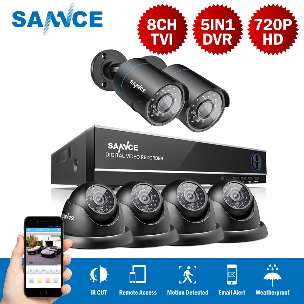 

SANNCE 8CH 5in1 Hybrid DVR NVR HVR 1.0MP 720P 6PCS CCTV Home Security Outdoor Surveillance System Kit With 4 Dome+2 Bullet