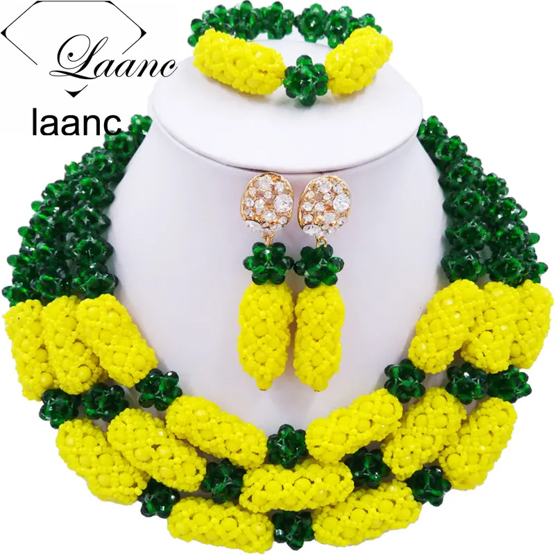 

Laanc Brand Dark Green Yellow Nigerian Wedding African Beads Jewelry Set Crystal Bridal Jewely Sets XQJZ009