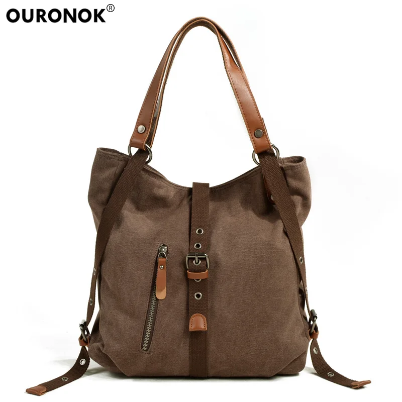 

OURONOK Women's Canvas Handbags Multi-pocket Handbag Multi Function Ladies Casual Messenger Bags Vintage Fashion Shoulder Hand