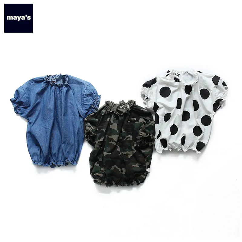 

Mayas Summer Kids Lantern Sleeves Tops Shirt Girls Dot Printed Ruched Shirts Children Spring Camouflage Tees Free Shipping 81124