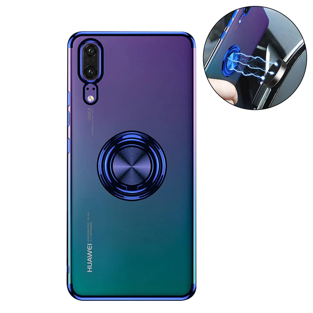 

Magnetic Car Phone Case with Finger Ring Holder for Huawei P30 Pro Electroplated TPU Soft Clear Transparent Protective Cover