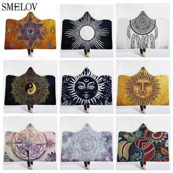 

Boho Mandala Hooded Blanket for Adult Kids Bohemian Dreamcatcher Warm Wearable Sherpa Fleece Microfiber Soft Throw Quilt Blanket