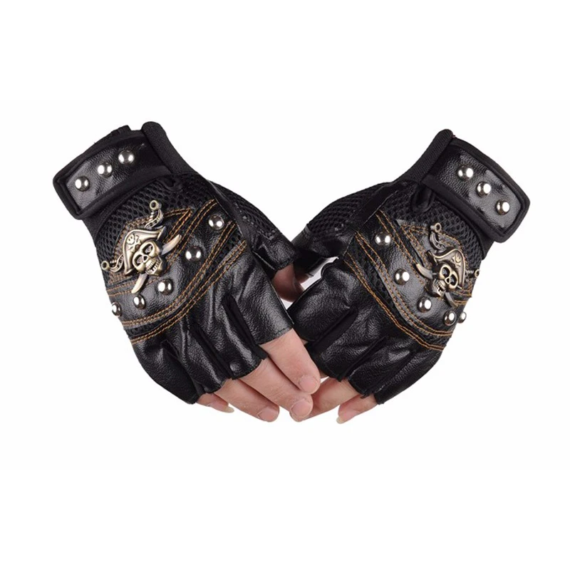 

Leather Motorcycle Motocross Racing Gloves Half Fingers Pirate Skull Rivet Punk Gloves