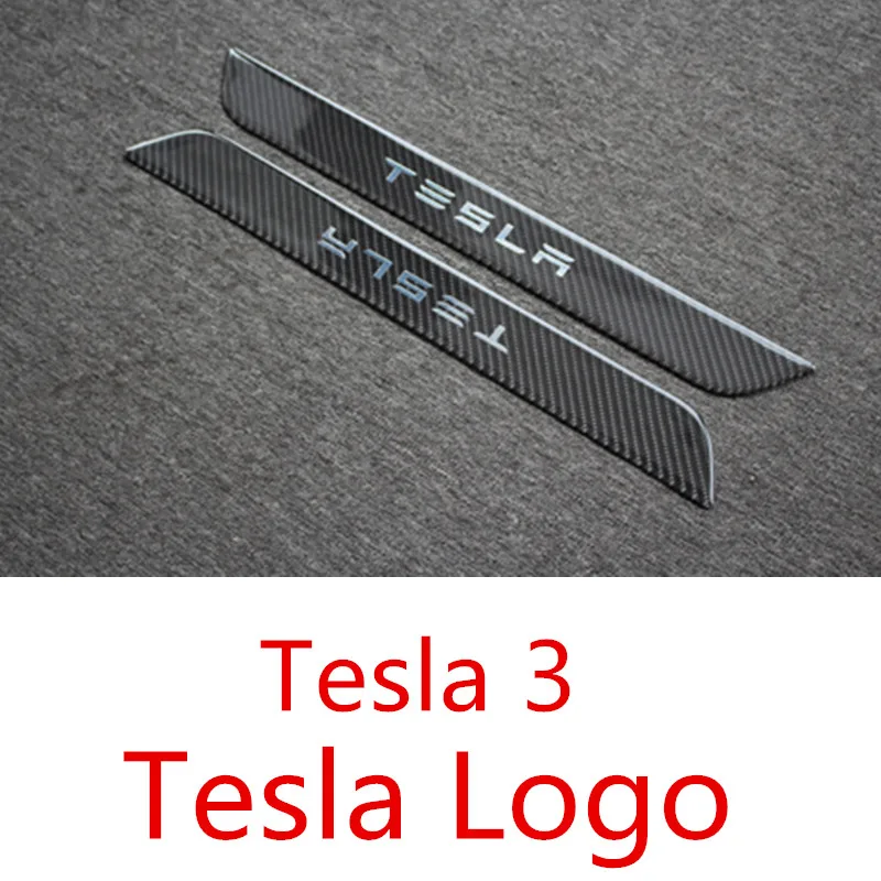 Tesla автомобильный углеродный волокнистый слой резины дверные пороги обертывание защитные наклейки из углеродного волокна комплект защиты интерьера совместимый Tesla модель 3 - Название цвета: Logo Tesla