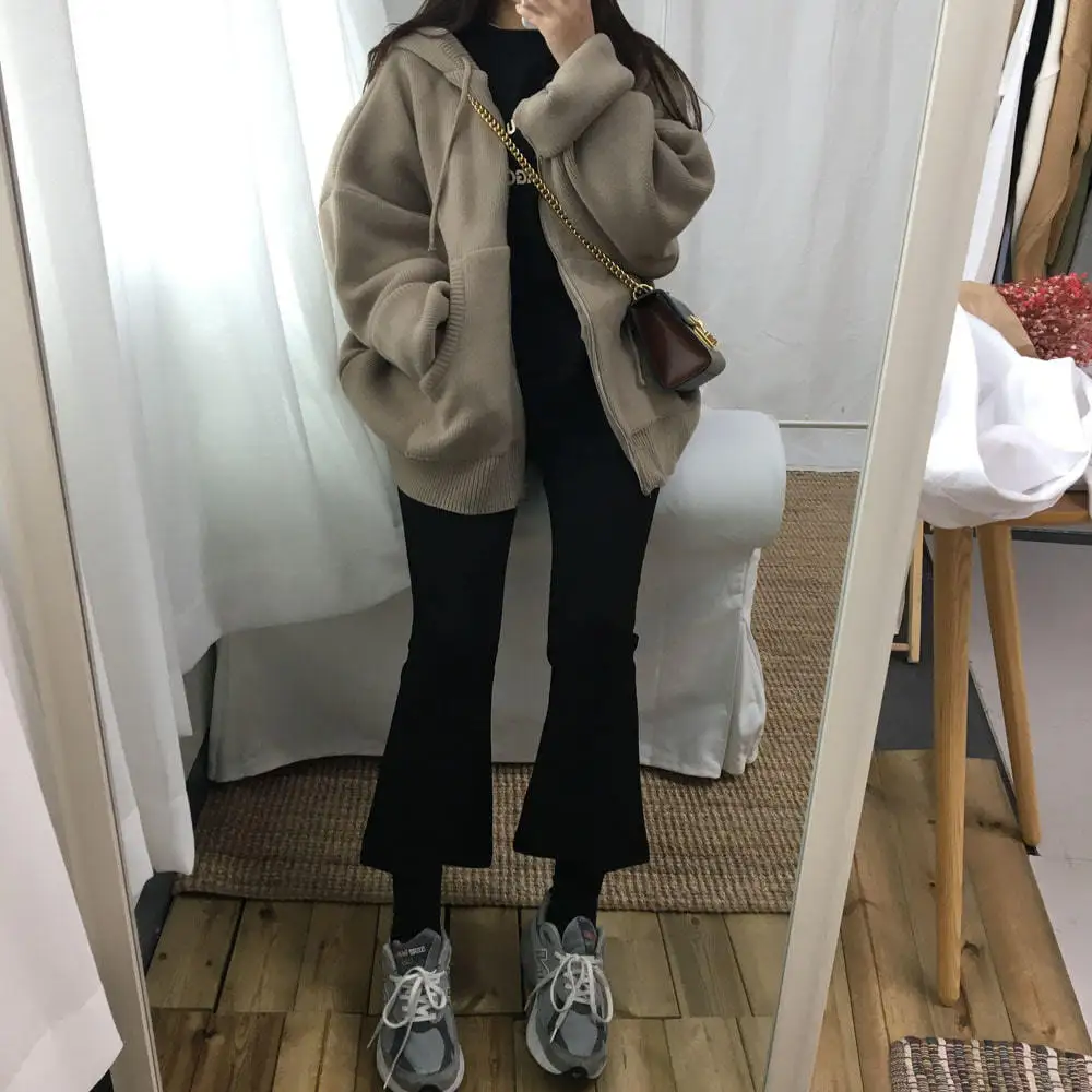 На осень-зиму корейский Свитер для девочки с капюшоном молнии свободные большие размеры плотный кардиган одежда женские куртки длинный