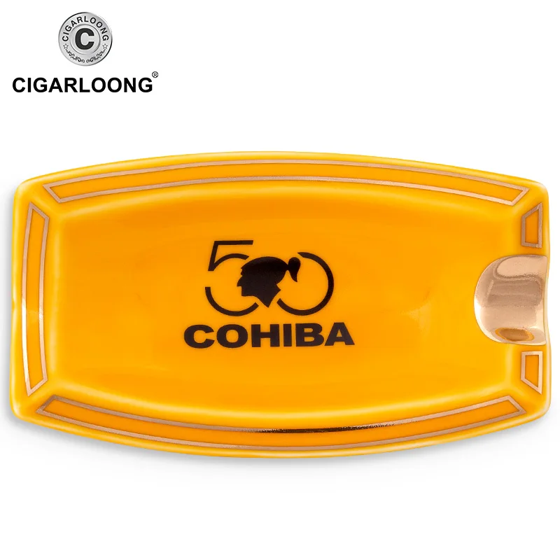 Новые COHIBA аксессуары для сигар керамическая пепельница для сигар 1 держатель Квадратная Пепельница 2 цвета сигарета Табак пепельница Подарочная коробка CLG-0395 - Цвет: Цвет: желтый