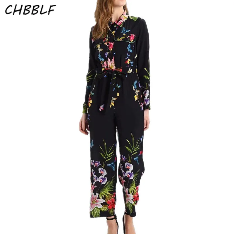 

CHBBLF women vintage floral jumpsuits wide leg pants turn down collar double pockets rompers female chic playsuits DFP8460