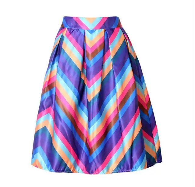 Rainbow Striped Satin Skirts Women High Quality Elastic Waist Printed ...