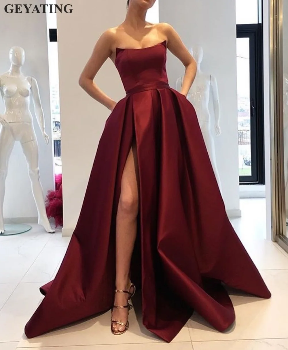 2019 Burgundy Prom Dresses With Pockets Side Slit Strapless Satin 