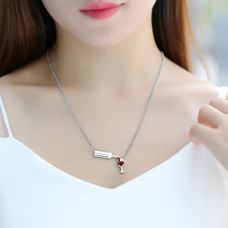 

Women's Fashion Stainless Steel Wine Glass Silver Necklace & Pendant Cubic Zirconia Unique Design Necklace Wine Necklace