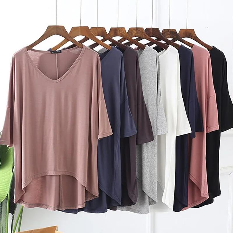 

Summer V-neck modal cotton material short before long Loose and breathable casual blouse bottoming shirt