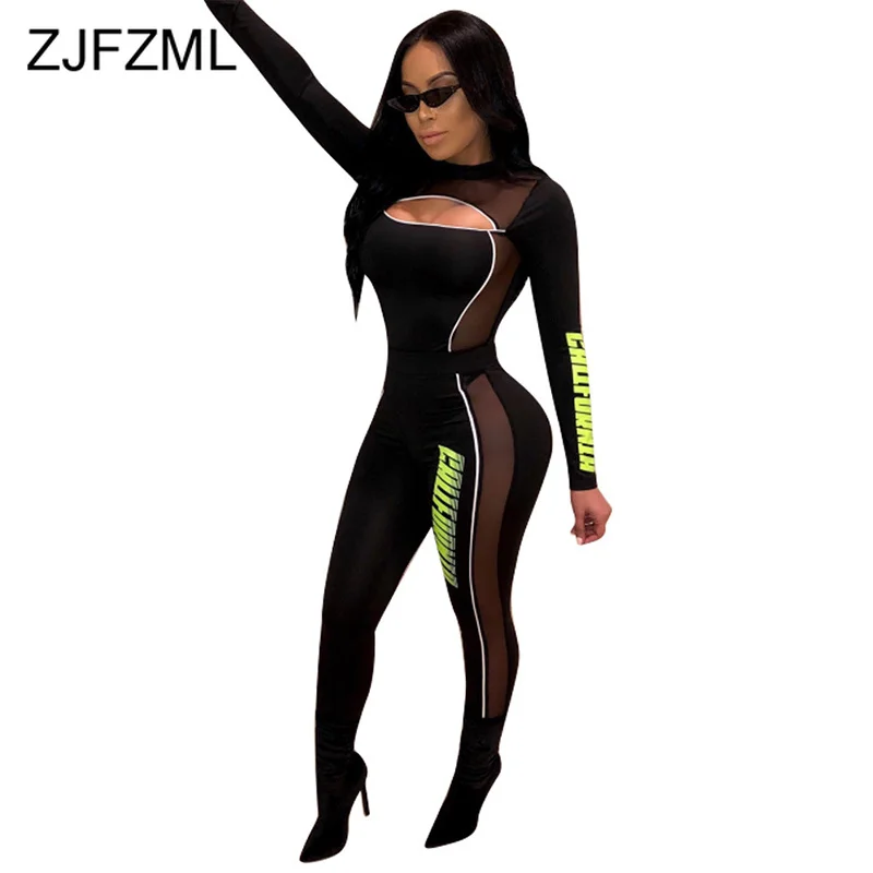 

Green Letter Print Romper Women Jumpsuit Moto Biker Mesh Patchwork Full Sleeve Fitness Romper Streetwear Holow Out Party Overall