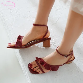 

Women's sandals natural leather medium with chunky heels shoes woman summer ruffles buckle red beige party solid women shoes