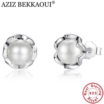 

AZIZ BEKKAOUI Fashion 925 Sterling Silver Round White Pearl Stud Earrings for Women Elegance Wedding Jewelry