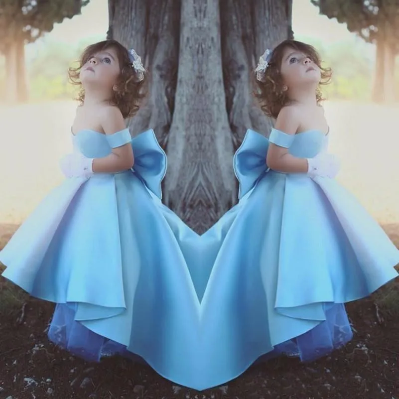 Простое Недорогое Платье небесно-голубого цвета трапециевидной формы для маленьких девочек, Пышное Платье с большим бантом на спине, милые