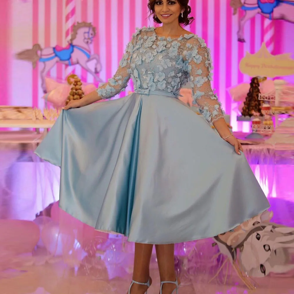 Modabelle Baby Blue 3D Цветок Формальное вечернее платье три четверти рукава чай длина вечернее платье кружево Винтаж 2018 Платья