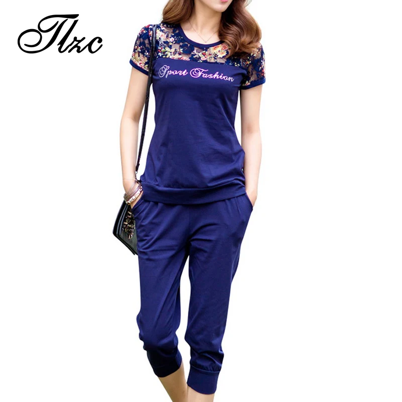 TLZC Lace Patchwork Women Fashion Sets 2 Pieces Lady