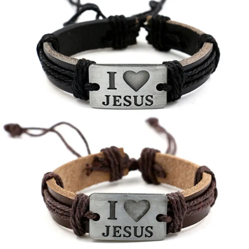 Религиозные Подарки на годовщину я люблю Иисуса, христианские сувениры, унисекс, кожаный браслет ручной работы, винтажные повседневные браслеты в стиле панк для мальчиков