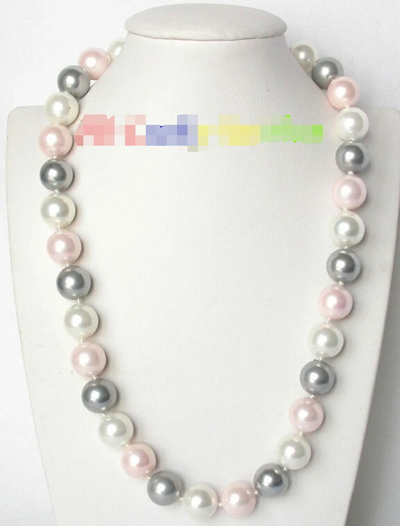 

12mm round white pink Gray Multi-color south sea shell pearls necklace J8153@^Noble style Natural Fine jewe FREE SHIPPING ##a #a