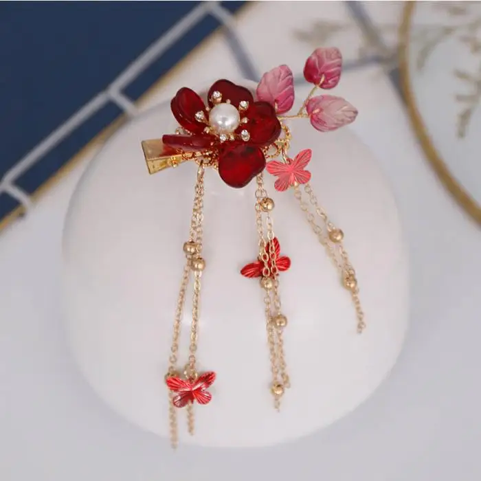 FORSEVEN Китайский Свадебный невесты свадебные украшения для волос кристалл красная бабочка заколка для волос в виде цветка длинные кисточки нарядные Заколки головные уборы