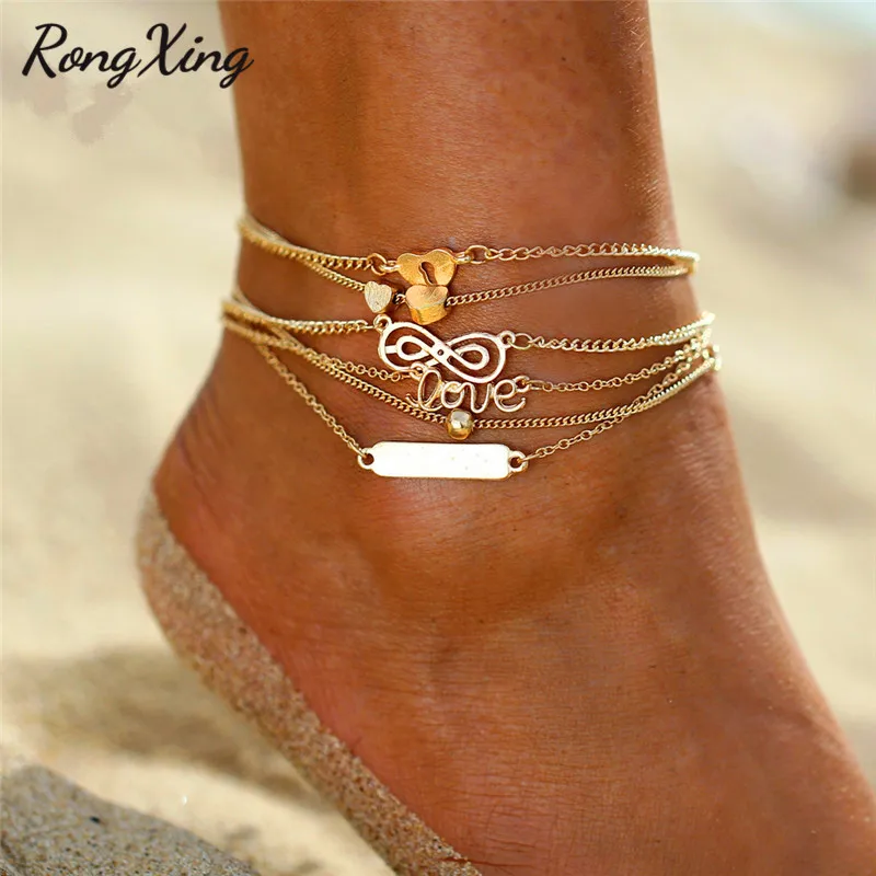 

RongXing Bohemian 6pcs/Lot Love Heart Infinity Sequins Anklets Set For Women Barefoot Link Chain Ankle Bracelet Sets Jewelry