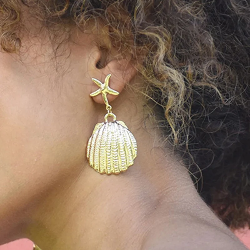 

2019 New Fashion Ocean Style Starfish Shell Gold Drop Earrings For Women Lady's Cute Small Drop Earrings Party Earring Jewelry