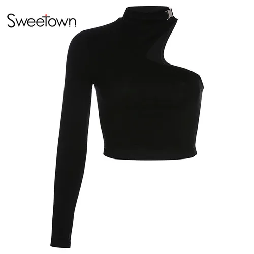 Sweetown светоотражающей полосой, в стиле панк, готика, укороченный Топ Футболка с металлической пряжкой; Цвет Черный; с длинными рукавами пикантное платье на одно плечо Базовая футболка - Цвет: black