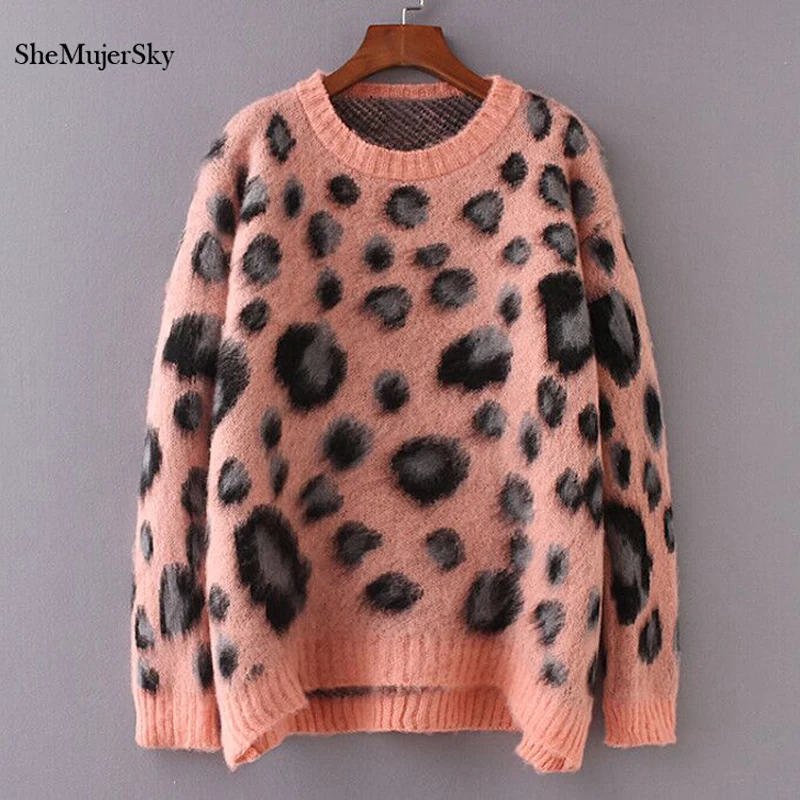 SheMujerSky Pink Leopard Sweater Women Pullovers Autumn