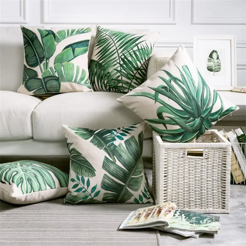 

Doreen Box Cotton Linen Pillow Case Green Leaf Printed European Style Decorative Pillow Cover Throw Pillows, 45*45 CM 1 Piece