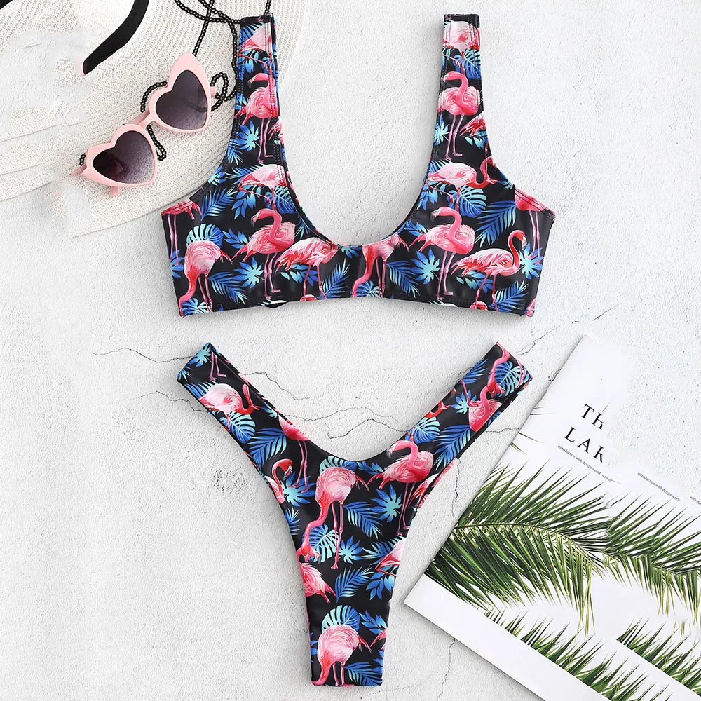 Женский купальник бикини ZAFUL Flamingo с высоким вырезом и глубоким купальный костюм