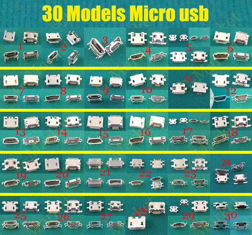 30 моделей шт. 5pin 7pin Мини Micro USB разъем для зарядки V8 порт Samsung Huawei Lenovo Phone Tablet |