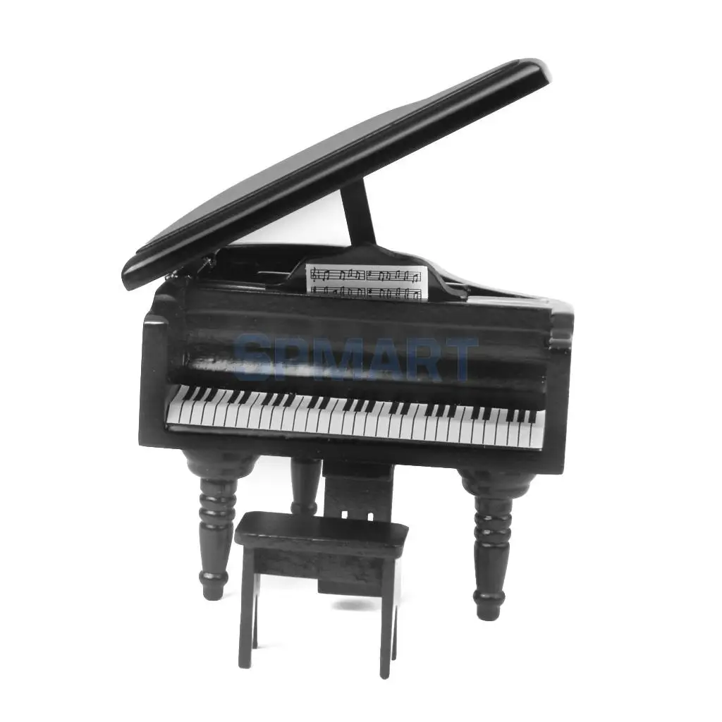 MagiDeal 1/12 Scale Dollhouse Miniature Wooden Piano with Stool Black for Dollhouse Decor Kids Toy
