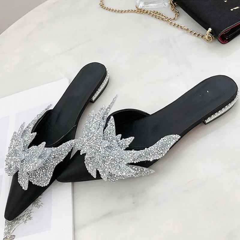slippers women new Korean version of pointed half slippers flat bottom water drill beach lazy shoes women flip flops Muller slippers women new Korean version of pointed half slippers flat bottom water drill beach lazy shoes women flip flops Muller