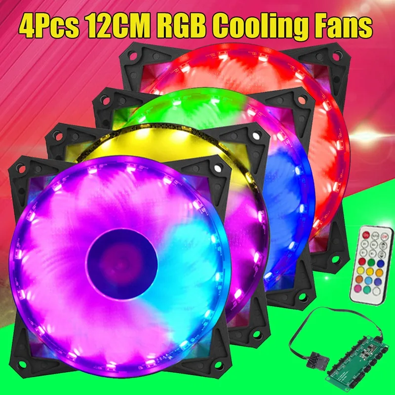 

S SKYEE 4Pcs RGB 12cm 12V ABS LED Colorful Lighting Computer CPU Cooling Cool Fans for ATX PC Case With Remove Control Screws