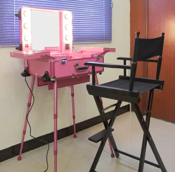 

Black/Pink Free Shipping Lighted Makeup Case With Chairs Beauty Cosmetic Set case with Dirctor Chair