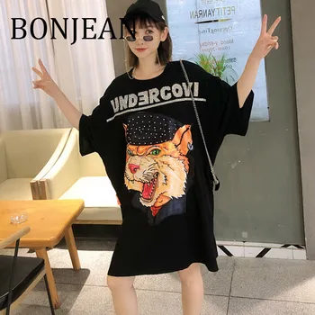 

BONJEAN Appliques Shirt for Women 2019 Summer Tops and Tees Off Shoulder Black T Shirt with Sequin Loose Beading Shirt BJ1348