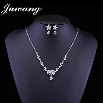 

JUWANG 2018 Crystal CZ Cubic Zirconia Bridal Wedding Jewelry for Women Flower Necklace Star Shape Drop Earring Jewelry Sets