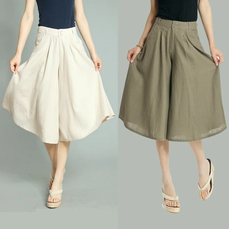 Free shipping Linen women's capris culottes fluid trousers casual pants wide leg pants knee