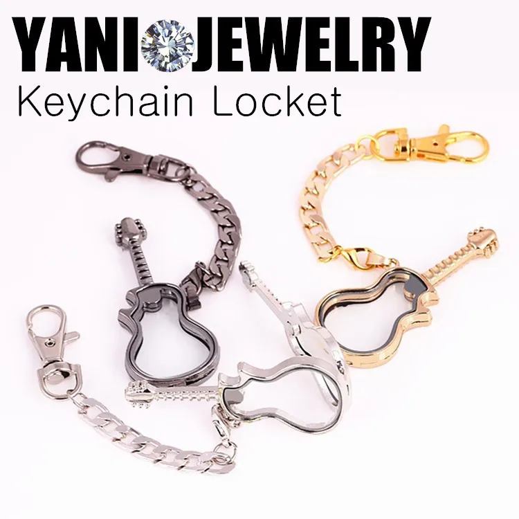 

10pcs/lot Newest 3colors Guitar Floating Locket Keychains of Openable Glass Locket with Keyrings Living Memory Locket