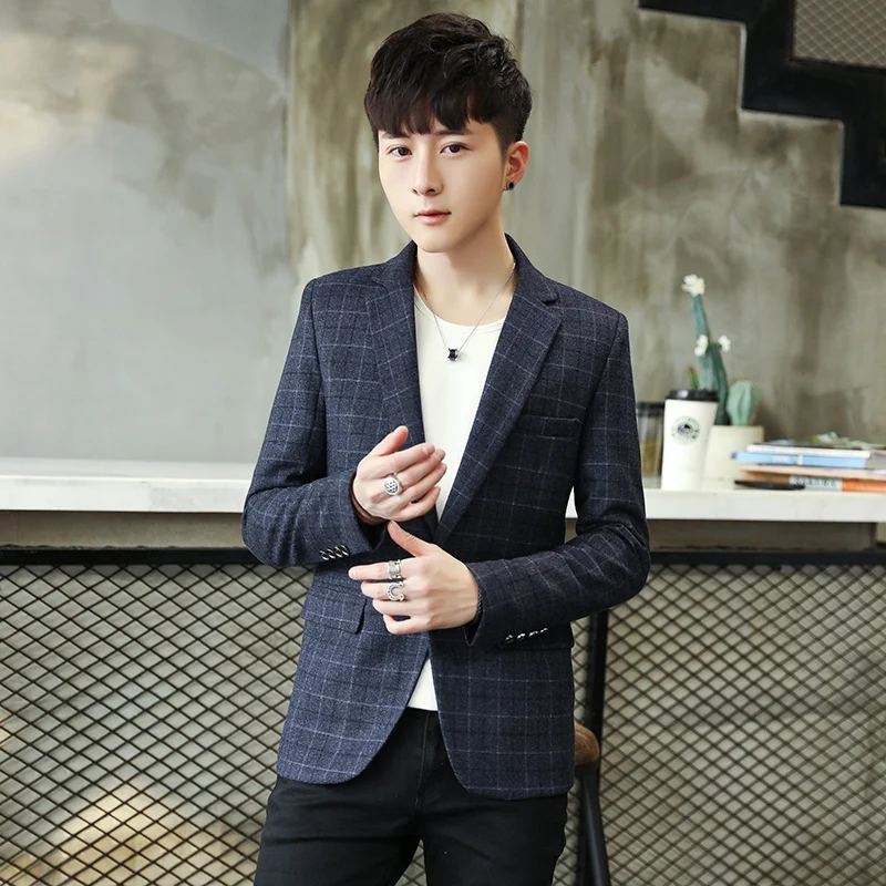 

2019 Men's Blazer Suit Jacket Fashion Man Plaid Blazer Style Casual Single Button Winter Blazer Men Slim Fit Grid Suits Coats
