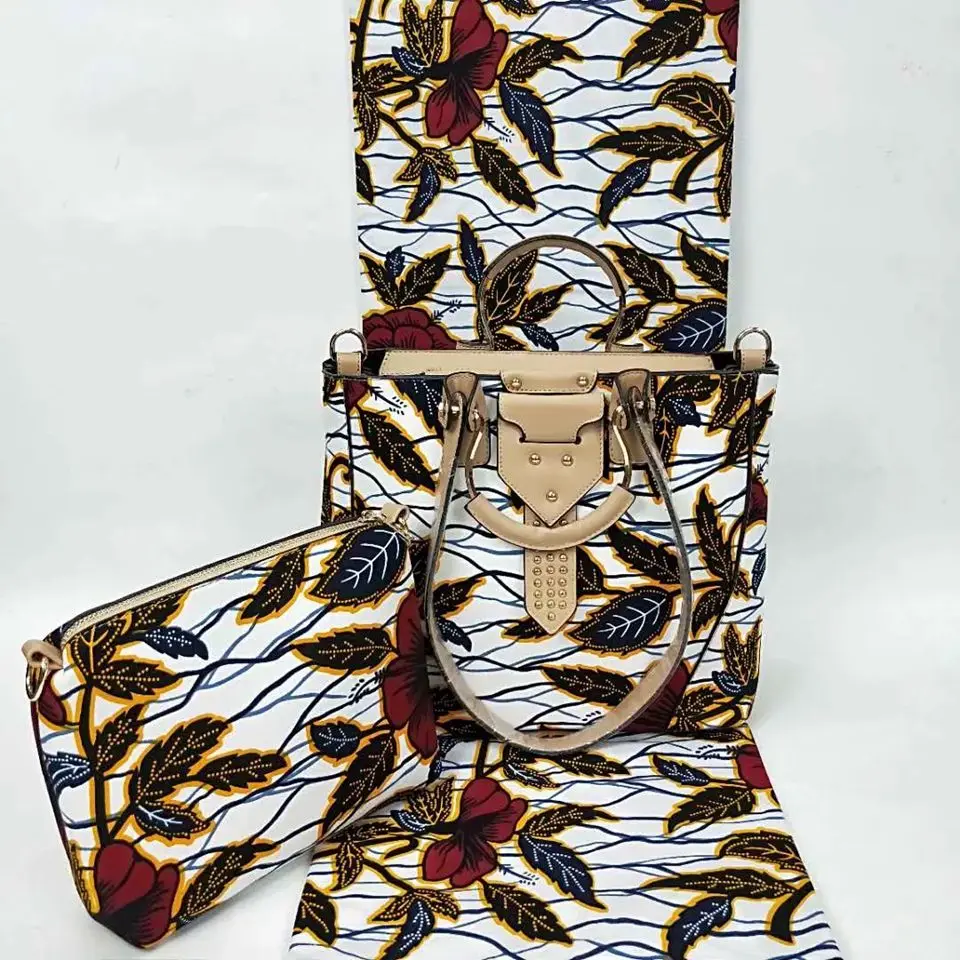 

3pc African Tote Bag Set ,Ankara Clutch Set, Leaf White African Print Bag And Matching Ethnic Wax Block Prints Fabric YBGB-14