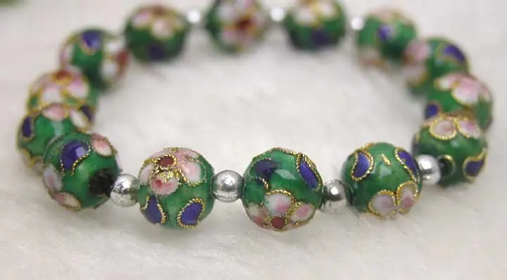Cloisonne зеленый круглый 10 мм бусины и тибетский серебряный браслет из бусин bra124