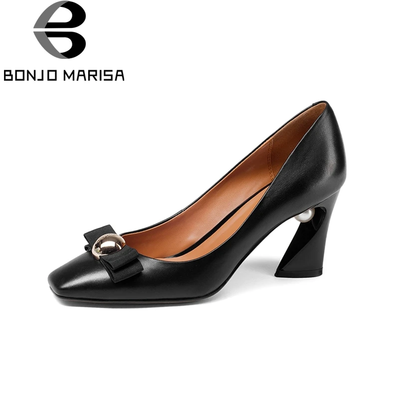 

BONJOMARISA New women's Genuine Leather Square High Heels Metal Decoration Shoes Woman Fashion Spring Pumps Big Size 33-43