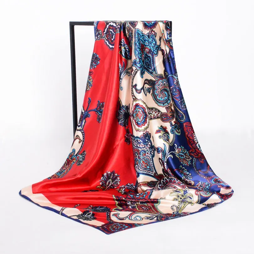 red paisley Элегантный женский большой квадратный шелковый шарф с принтом, 90*90 см, модный весенний и осенний серый и фиолетовый Шелковый шарф из полиэстера, шаль - Цвет: red paisley