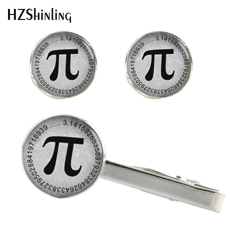 

2017 New Pi Number Clips & Cufflinks Set Maths Physics Cufflink Silver Handmade Tie Clip Glass Cabochon Gifts Men CT-0094
