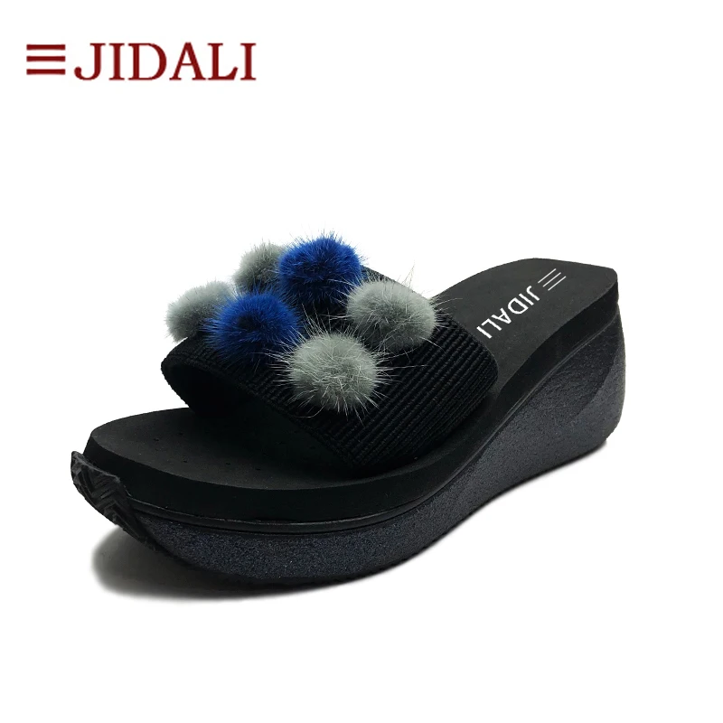 

JIDALI Fashion Furry Balls Black Flip Flop Women Shoes High EVA Bling Outside Wedges Platform Slide Sandals Summer Size 35-39