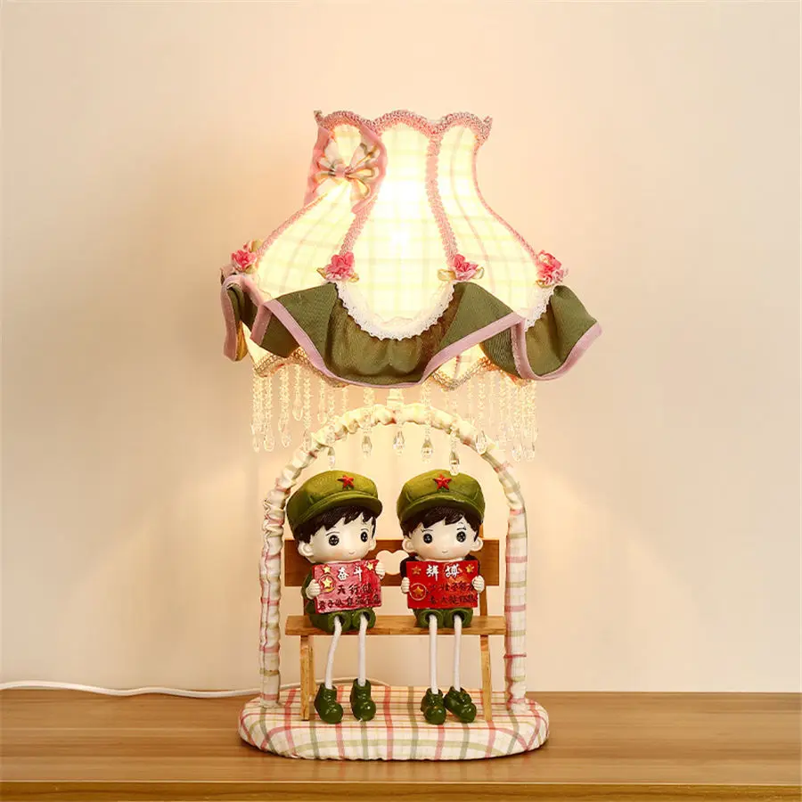 Cartoon Puppet Swing Wood Fabric Table Lamp For Living Room